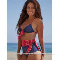 Red White Blue Polka Dot Denim Side Tie Bow Top High Waisted Bikini